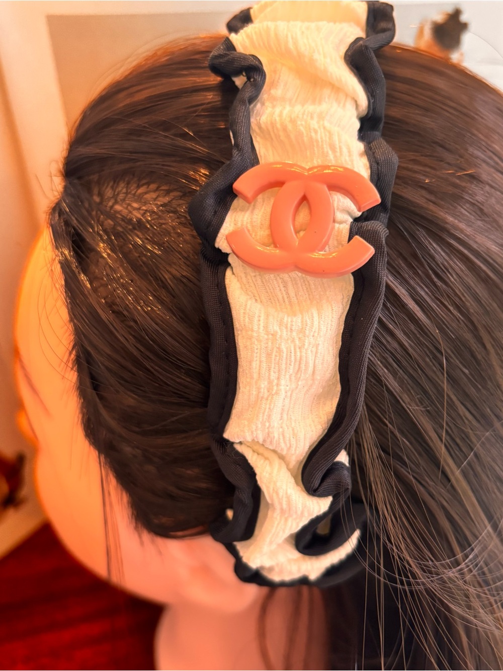 Black and Cream ruched fabric Headband with pink/nude tone accent